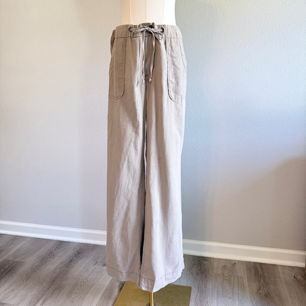 Jessica Simpson Women Linen Blend Wide Leg Drawstring Beach Pants Tan Size 30